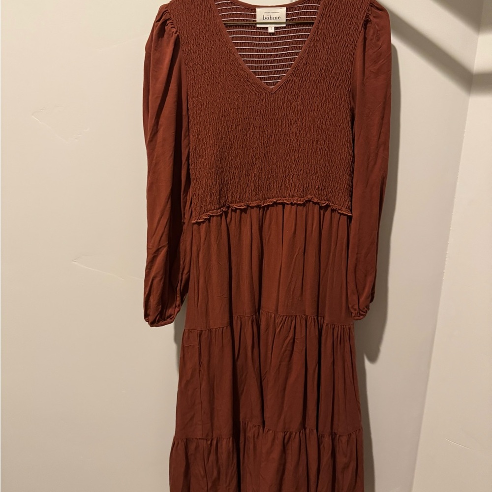 Bohme Brown Tiered Ribbed Sundress with Bishop Sleeves